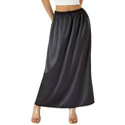 Qtinghua Satin Halbe Slip für Frauen Unter Kleidern Plus Größe Einfarbig Lange Unterrock Spitzenbesatz Elastische Taille Maxi Slip Rock, B# Schwarz, 38 von Qtinghua