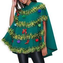 Qtinghua Weihnachtsbaum-Kostüm für Damen, Farbblock-Schleife, glänzender Poncho, Kapuzenumhang, lustig, Weihnachten, Cosplay, Party, Requisite, Geschenk, Outfit, grün, 42 von Qtinghua