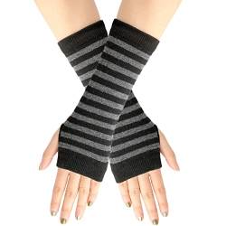 Qtinghua Women Gothic Fingerless Glove 90s Fairy Grunge Aesthetic Striped Thumbhole Stretchy Warm Knit Short Mitten (Black Grey, One Size) von Qtinghua