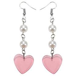 Qtrednrry 1 Paar süße rosa Kunststoff-Ohrringe mit Herz-Kunstperlen für Damen, Kunststoff + Legierung + Kunstperlen von Qtrednrry
