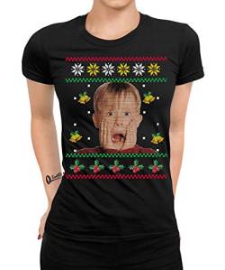 Kevin Allein Zuhause - Ugly Christmas Sweater Weihnachten Merry X-Mas Santa Claus Weihnachtsoutfit Frauen Damen T-Shirt | Schwarz | M von Quattro Formatee