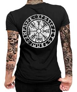 Vegvisir Futhark Wikinger Viking Valhalla Odin Thor Nordmann Wolf Nordische Mythologie Skal Norse B Damen Frauen T-Shirt | Schwarz | S | Beidseitig von Quattro Formatee