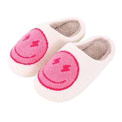 Qubuwalk Retro-Hausschuhe mit lächelndem Gesicht, weicher Plüsch, bequem, warm, flauschig, gemütlich, für Damen, Knallpink (Hot Pink), 37.5 EU von Qubuwalk