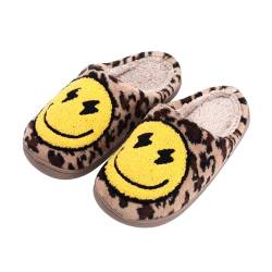 Qubuwalk Retro-Hausschuhe mit lächelndem Gesicht, weicher Plüsch, bequem, warm, flauschig, gemütlich, für Damen, Lightning Leopard, 41 EU von Qubuwalk