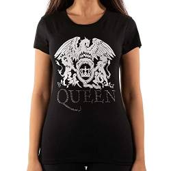 Queen Offizielles Lizenziertes Damen-Königin-Wappen Logo Diamante Schwarzes T-Shirt | Größen S-XXL von Queen