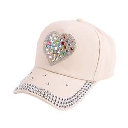 Queenbox Trendy Heart Shaped Charakter Cartoon Liebe Herz Diamant Stil Sommer für Frauen Männer Kind Strass Baseball Cap Jean Denim Snapback Hat, Beige von Queenbox