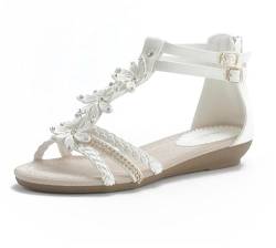 Queentina Damen Sandalen Blumen Sandaletten Riemchen Flach Sommer Glitzer ST98 Weiß 36 von Queentina