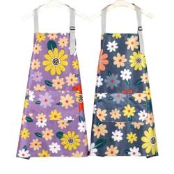 2 Stück Florale Schürzen, Küchenschürze für Frauen, Kochschürze Wasserdicht, Verstellbare Schürzen, Große Blumen Schürzen mit Taschen für Kochen, Backen Gärtnern，Hausarbeit /Wasserdicht, Verstellbar von Queerelele