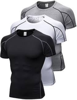 3er-Pack Herren Kompressionsshirts Kurzarm Workout T-Shirt Cool Dry Unterhemden Baselayer Sport Cool Shirt Laufoberteile, B Grau + Weiß + Grau, Mittel von Queerier