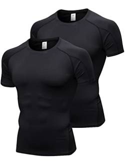 Herren Kompressions-Shirts Kurzarm Workout T-Shirt Cool Dry Unterhemden Baselayer Sport Cool Shirt Running Tops, 2 Stück Schwarz, XX-Large von Queerier