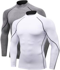 Herren Kompressionsshirts Langarm Athletic Workout Tops Gym Unterhemden Active Sports Baselayer, 2 Stück, grau, weiß, XL von Queerier