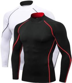 Herren Kompressionsshirts Langarm Athletic Workout Tops Gym Unterhemden Active Sports Baselayer, 2 Stück B rot, weiß, Mittel von Queerier