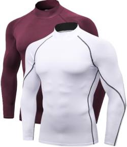 Kompressionsshirts für Herren, langärmelig, athletisch, Workout, Laufen, Fitnessstudio, Sport, Baselayers, 3er-Pack, 2 oder 1 Stück, 2 Stück, Weiß, Weinrot, Mittel von Queerier