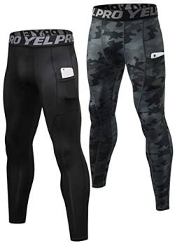 Queerier Herren Kompressionshose Active Athletic Leggings mit Taschen Laufen Baselayer Strumpfhose Radfahren Workout Hose, 2 Stück, schwarz, ca schwarz, Mittel von Queerier