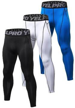 Queerier Herren Kompressionshose Laufhose Workout Leggings Athletic Cool Dry Yoga Gym Kleidung, 3 Stück, schwarz + weiß + blau, Mittel von Queerier