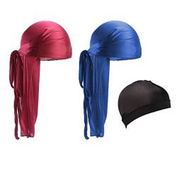 2 Stücke Durag Men Silk Silky Durag Atmungsaktive Soft Elastische Wellenkappe Langen Schwanz Headwraps mit 1 Wellenkappe für Männer und Frauen,Wellen (Blau und rot) von Quesuc