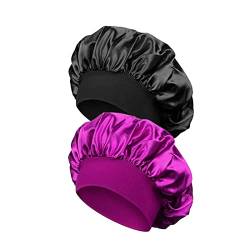 Quesuc 2 Stück Elegante Schlafmütze für Damen,Elegante Schlafmütze Kopfbedeckung mit breitem Gummiband,Seide Haube Weiche Satin Kappe zum Schlafe Haarpflege （Schwarz und Lila） von Quesuc