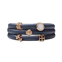 Quiges Damen Leder Wickelarmband Blau 60cm mit Charm Beads Rosegold Edelstahl Magnetverschluss von Quiges