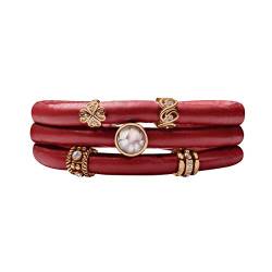 Quiges Damen Leder Wickelarmband Rot 60cm mit Charm Beads Rosegold Edelstahl Magnetverschluss von Quiges