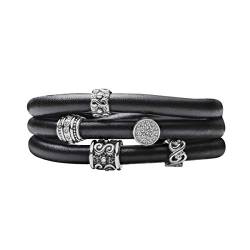 Quiges Damen Leder Wickelarmband Schwarz 60cm mit Charm Beads Versilbert Edelstahl Magnetverschluss von Quiges
