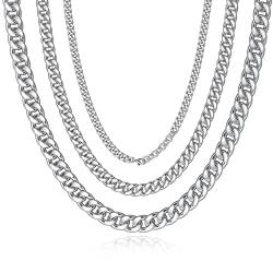 Qumfole Kette Herren, Edelstahl Einstellbar Kubanische Halskette Silber Schwarz Gold, 46/56 CM Länge, 6mm/10mm/14mm Breite von Qumfole