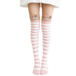 Qumiuu Oberschenkelhohe Fuzzy-Socken, Flauschige Kniestrümpfe - Süße Tier-Korallen-Fleece-Oberschenkelhohe lange gestreifte Socken | Hohe Socken für Damen, lange Socken für kaltes Wetter von Qumiuu