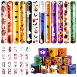 Qunkun 24 Stück Halloween Kinder Slap Armband Klatscharmband Schnapparmband Kürbis Geistermuster Partyzubehör mit 20 Narben Wasserdicht Terror Tattoo für Kinder Birthday Party Dekoration von Qunkun