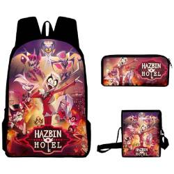 Qusunx Hazbin Hotel Anime Schultasche Alastor/Engelstaub/Charlie Morningstar 3D Graffiti Rucksäcke Student Umhängetasche Pen Pouch DREI Stück Set von Qusunx