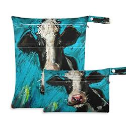 Cow Art Painting Wiederverwendbare Nass-Trockenbeutel für Baby-Stoffwindeln mit 2 Reißverschlusstaschen, wasserdichte Reisetasche, Strand, Pool, Turnbeutel für nasse Badeanzüge, Kulturartikel, Schwimmbeutel, (2 Stück) von Quteprint