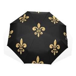 Quteprint 3-fach faltbarer Reise-Regenschirm, Mardi Gras Fleur de Lis winddichter faltbarer Regenschirm, 8 Rippen, langlebiger Regenschirm, tragbarer Sonnenschirm, UV-beständig, leicht, kompakter von Quteprint