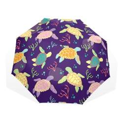 Quteprint 3-fach faltbarer Reise-Regenschirm, Meerestier-Schildkröte, Koralle, winddicht, faltbar, 8 Rippen, langlebiger Regenschirm, tragbarer Sonnenschirm, UV-beständig, leicht, kompakter von Quteprint