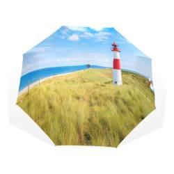Quteprint 3-fach faltbarer Reise-Regenschirm, Ozean, Meer, Leuchtturm, winddicht, faltbar, 8 Rippen, langlebiger Regenschirm, tragbarer Sonnenschirm, UV-beständig, leicht, kompakter Regenschirm für von Quteprint