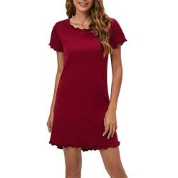 Qzqetet Damen Nachthemd Kurzarm Nachtwäsche Negligees Schlafhemd Kurzarm Schlafshirt T-Shirt Sleepshirt Größen Weinrot M von Qzqetet