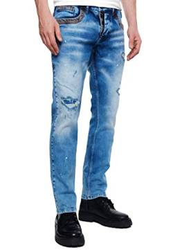 Jeans-Hose für Herren Regular Fit im Individuellem Streetwear-Design Destroyed Light Blue Used Denim-Pants mit Roter Ziernaht 240-2, Farbe:Blau, Hosengröße:29W / 32L von R-Neal