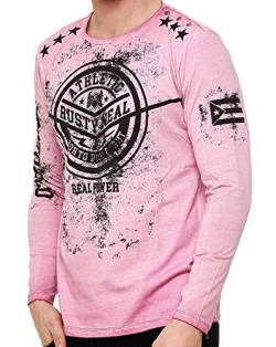 Longshirt Herren Langarm Shirt Longsleeve Oil Wash Verwaschen Stretch Plakativer Front Print 151, Farbe:Rosa, Größe:M von R-Neal