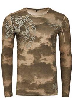 Longshirt Rusty Neal Herren Langarm Shirt Longsleeve Oil Wash Verwaschen Stretch Plakativer Front Print, Farbe:Khaki 144, Größe:L von R-Neal