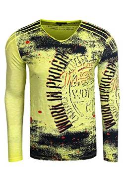 Longshirt Rusty Neal Herren Langarm Shirt Longsleeve Oil Wash Verwaschen Stretch Plakativer Front Print, Farbe:Neon Gelb 109, Größe:XL von R-Neal