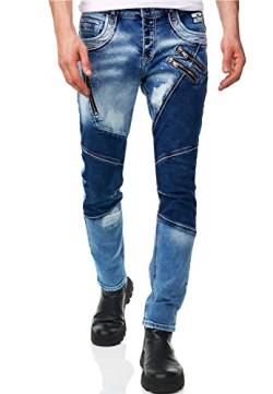 R-Neal Herren Jeans Hose Streetwear Stretch Cotton Destroyed Pants Biker Jeanshose Knopfleiste Vintage Used Clubwear Denim 237/239/240/241, Hosengröße:36W / 32L, Denim Color:12-237-1 von R-Neal
