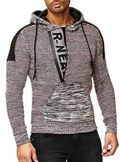 R-Neal Kapuzenpullover Knitwear Strick Kapuzen Pullover Herren Zipper Grobstrick Strickpullover Langarm 277, Farbe:Grau/Rot 90, Größe:M von R-Neal