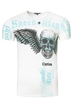 T-Shirt Herren Rusty Neal T-Shirt Oil Washed Shirt Vinatge Regular Fit Skull & Wing Kontrast Print 264, Farbe:Weiß, Größe:XL von R-Neal