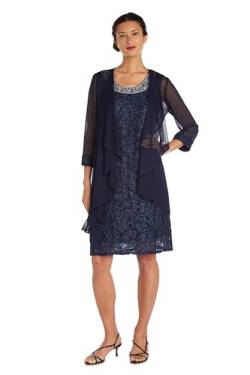 R&M Richards Damen Two Piece Fly Away Jacket Over Beaded Neck Laced Dress Formelle Kleidung, Marineblau, 42 von R&M Richards