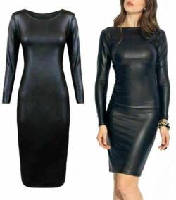 R&N FASHIONS Damen Wetlook Langarm PU Damen Bodycon Midi Kunstleder Minikleid - Perfekt für jeden Anlass - Einfaches & stilvolles schwarzes Kleid, Schwarz , M-L von R&N FASHIONS