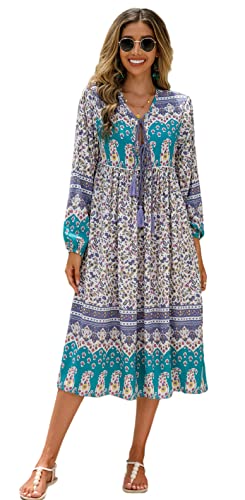 R.Vivimos Damen Beiläufig Bohemien Drucken Krawatte Langarm Strand Stil Lang Midi Kleid Berufung Kleid (Groß, WeißLila) von R.Vivimos