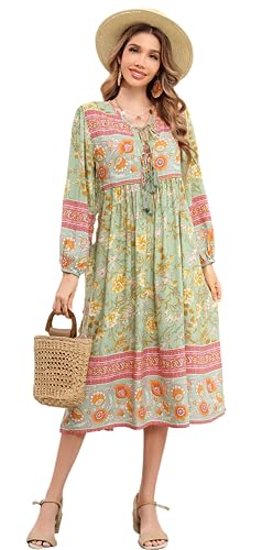 R.Vivimos Damen Beiläufig Bohemien Drucken Krawatte Langarm Strand Stil Lang Midi Urlaub Kleid(L,TenderGreen) von R.Vivimos