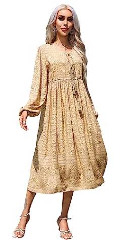 R.Vivimos Damen Beiläufig Bohemien Drucken Krawatte Langarm Strand Stil Lang Midi Urlaub Kleid(Large,Gelb) von R.Vivimos