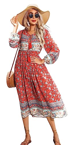 R.Vivimos Damen Beiläufig Bohemien Drucken Krawatte Langarm Strand Stil Lang Midi Urlaub Kleid(Medium,AuroraRed) von R.Vivimos