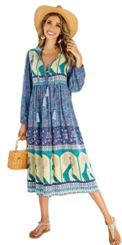 R.Vivimos Damen Beiläufig Bohemien Drucken Krawatte Langarm Strand Stil Lang Midi Urlaub Kleid(Medium,Blau) von R.Vivimos