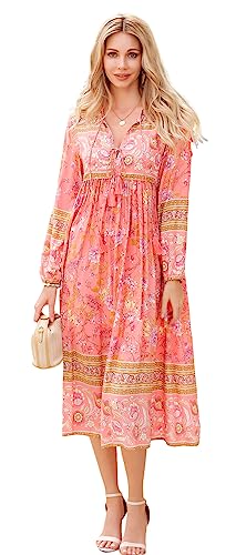 R.Vivimos Damen Beiläufig Bohemien Drucken Krawatte Langarm Strand Stil Lang Midi Urlaub Kleid(Medium,Korallenrosa) von R.Vivimos