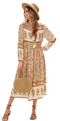 R.Vivimos Damen Beiläufig Bohemien Drucken Krawatte Langarm Strand Stil Lang Midi Urlaub Kleid(Small,Creme) von R.Vivimos