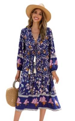 R.Vivimos Damen Beiläufig Bohemien Drucken Krawatte Langarm Strand Stil Lang Midi Urlaub Kleid(Small,Dunkelblau) von R.Vivimos